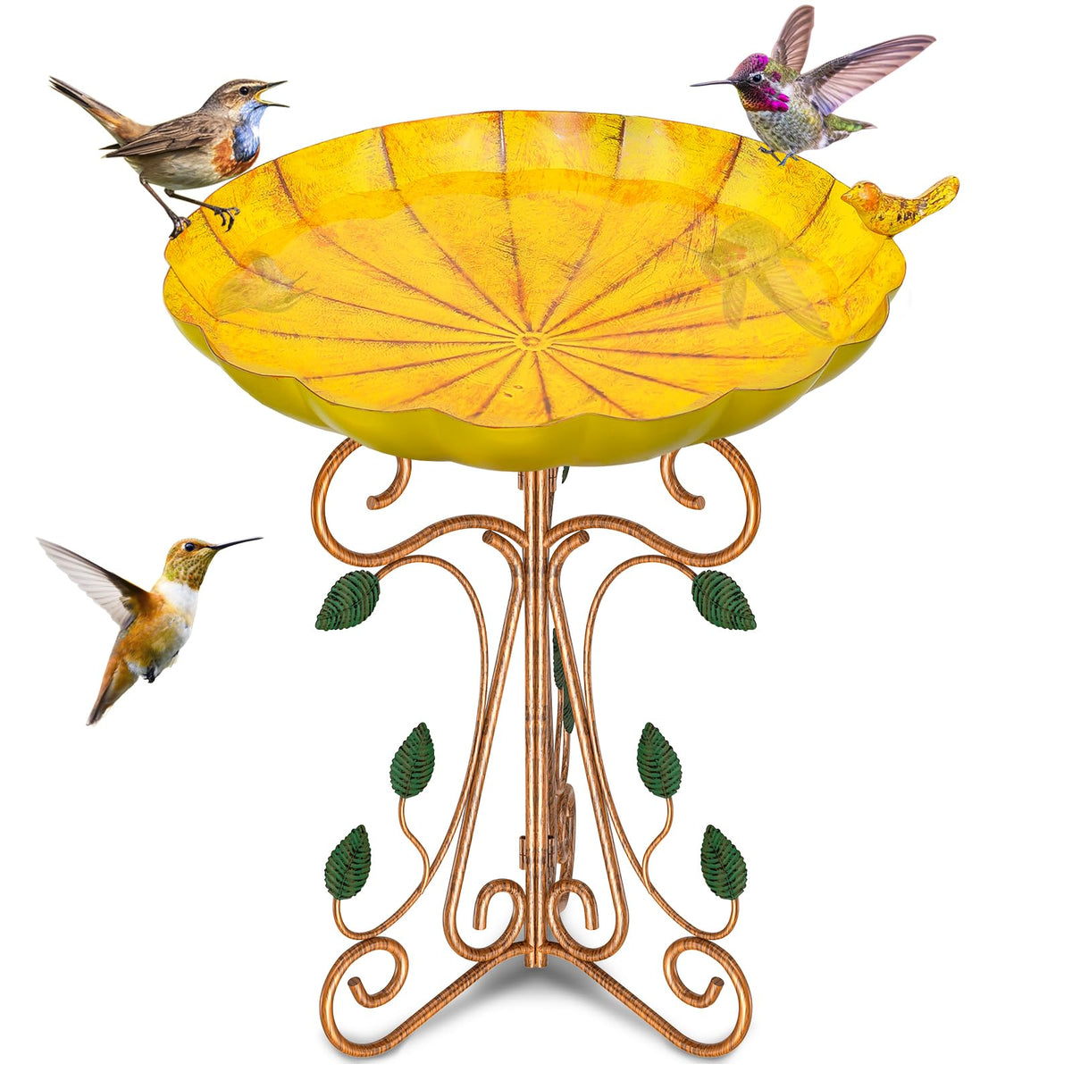 Gouisalin Vintage Metal Bird Bath front view with bird statue