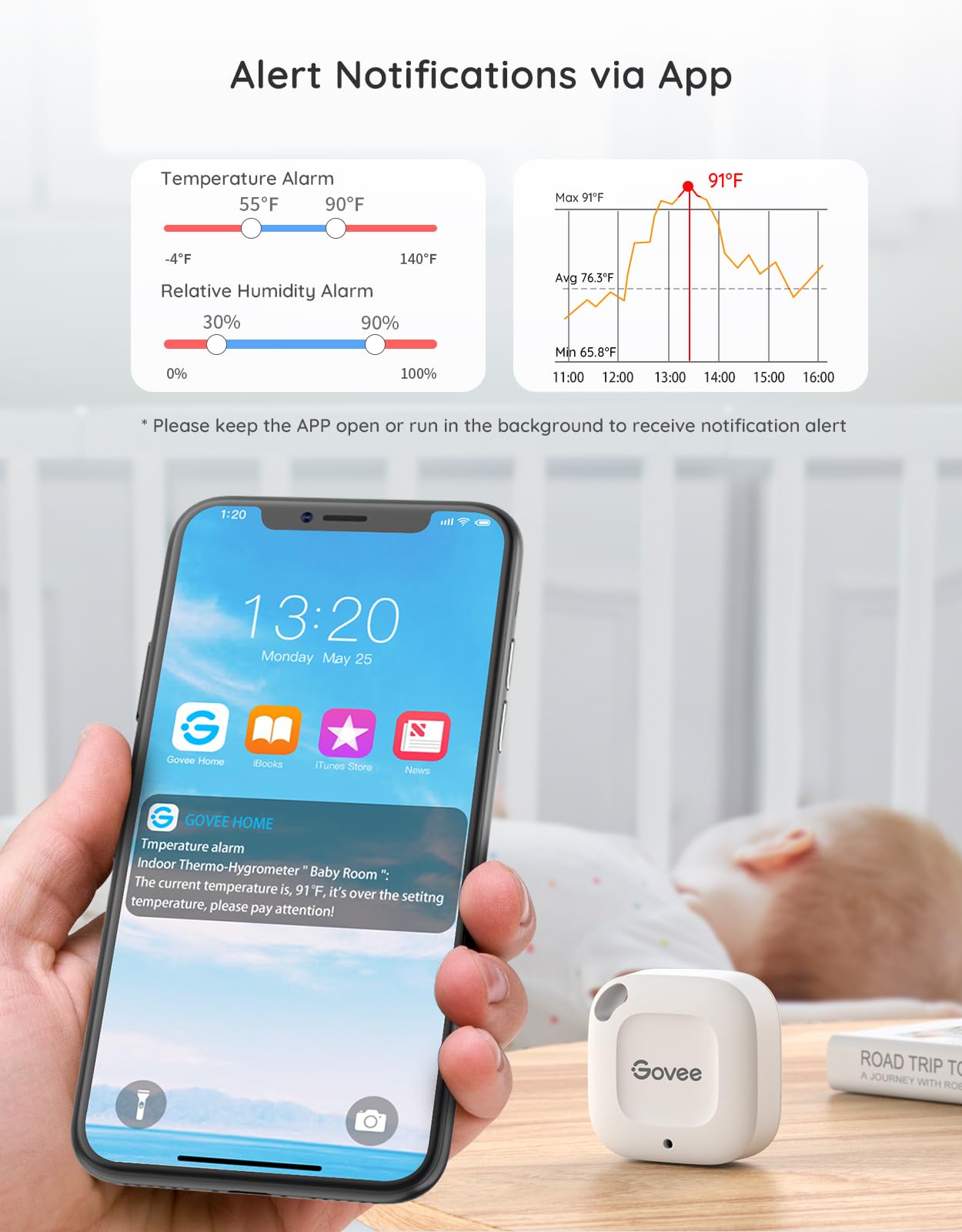 Govee Hygrometer displaying temperature and humidity on phone app