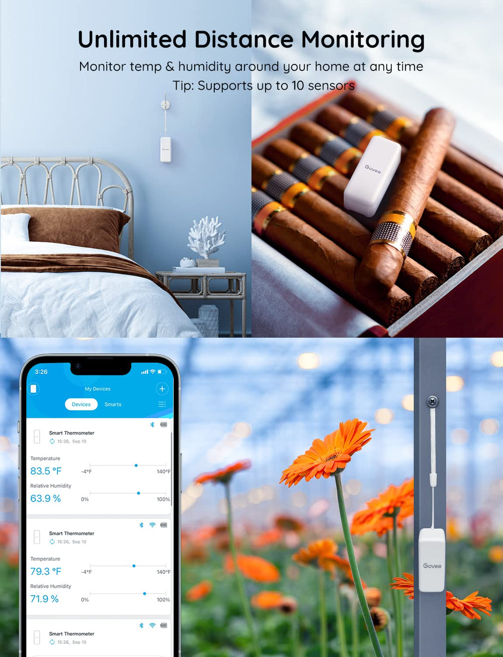Govee Hygrometer sensors arranged with the WiFi gateway