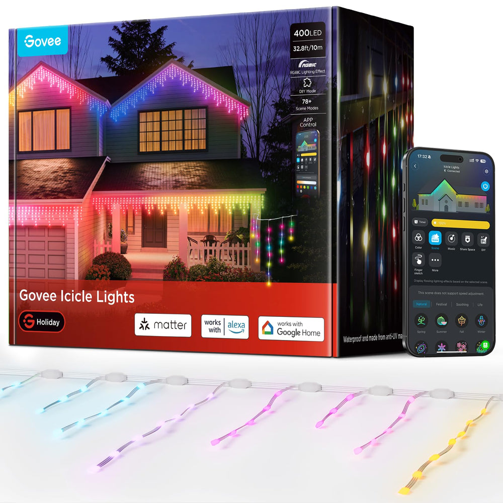 Govee Icicle Lights 33ft multicolor LED display outdoor setup