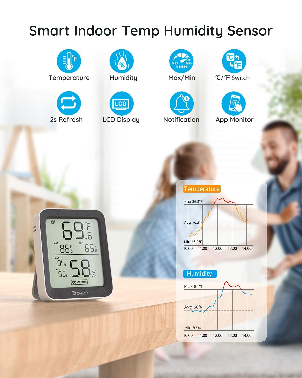 Govee Indoor Hygrometer Thermometer in living room setting