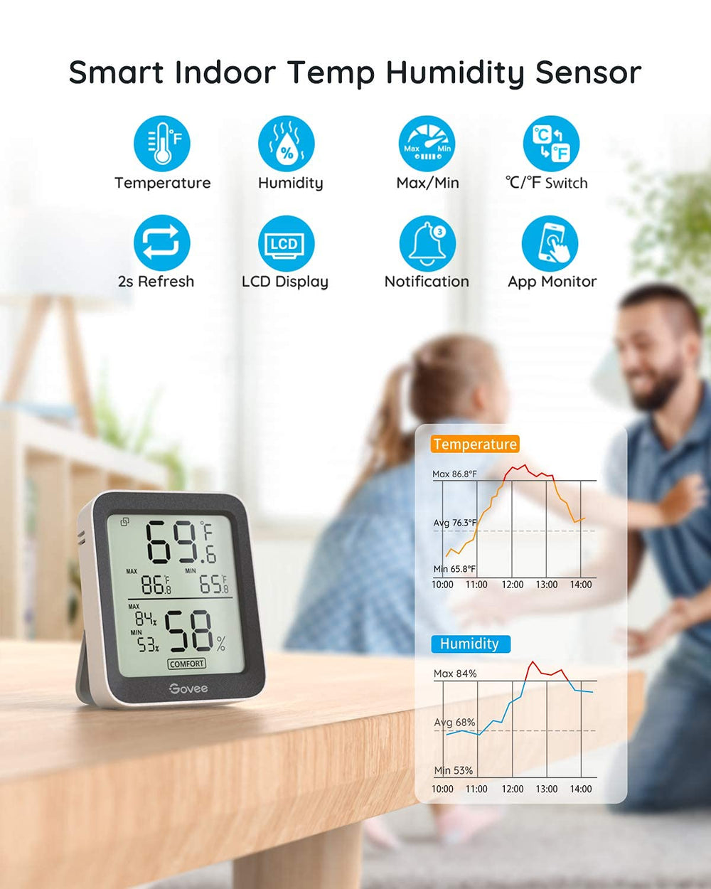 Govee Indoor Hygrometer Thermometer in living room setting