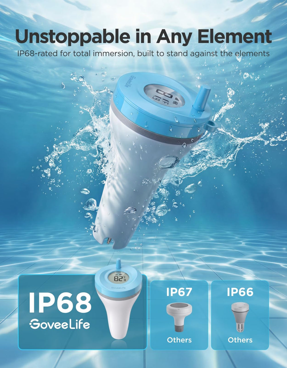 GoveeLife Smart Wireless Pool Thermometer blue model on a pool surface