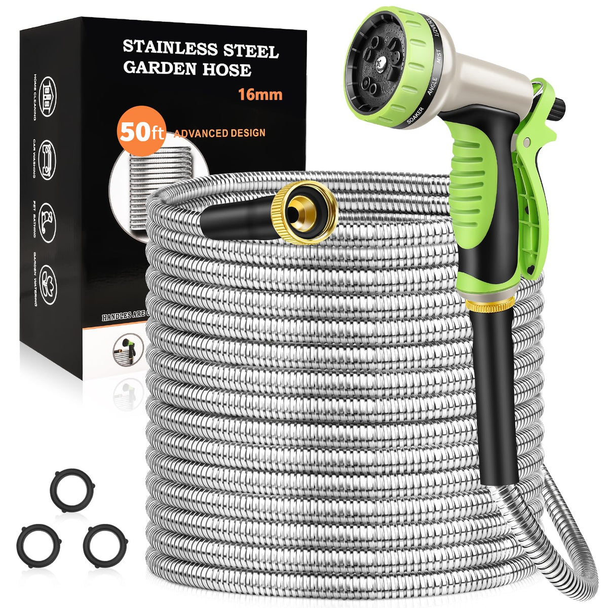 GOXAWEE 50FT stainless steel garden hose front view