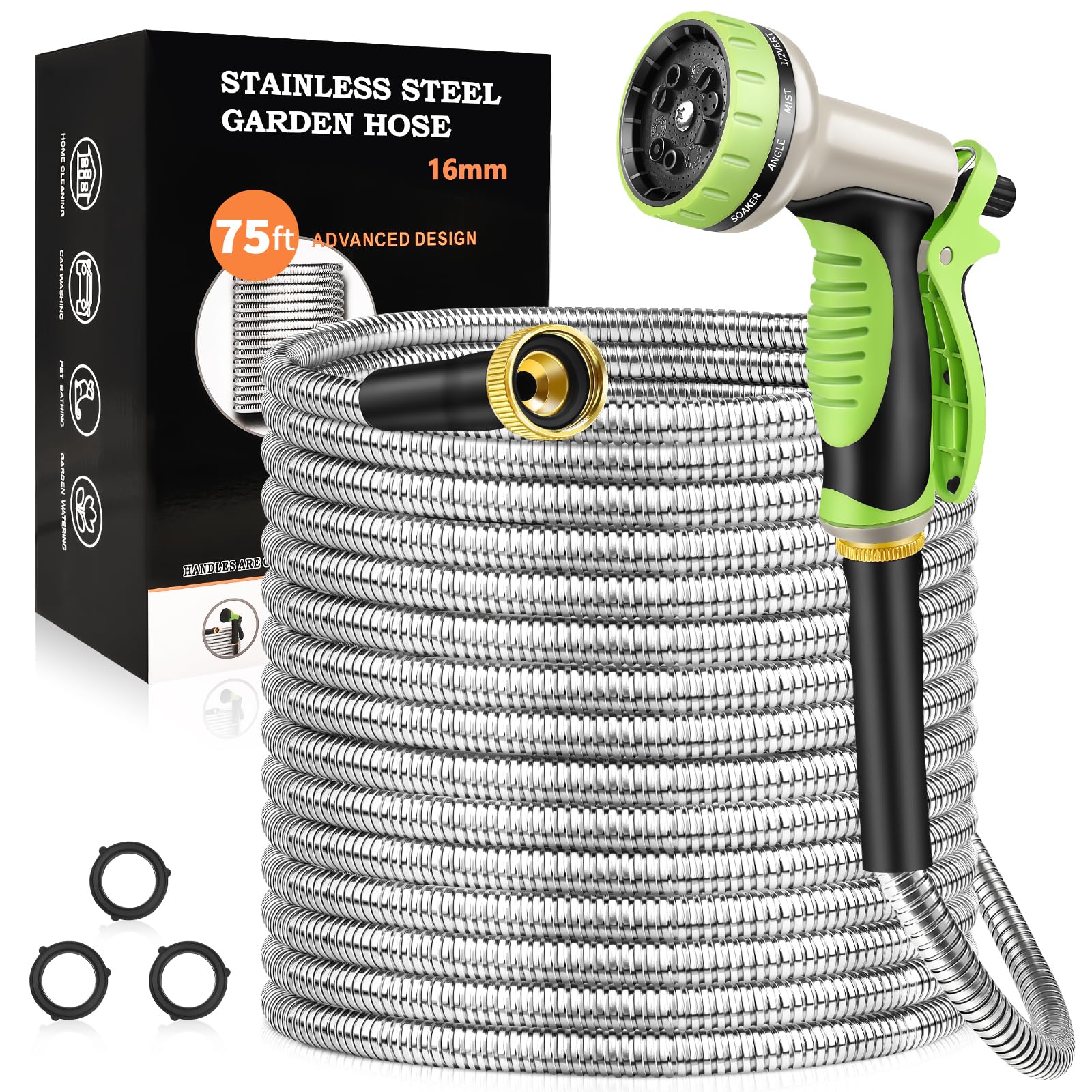 GOXAWEE 75FT stainless steel garden hose with nozzle
