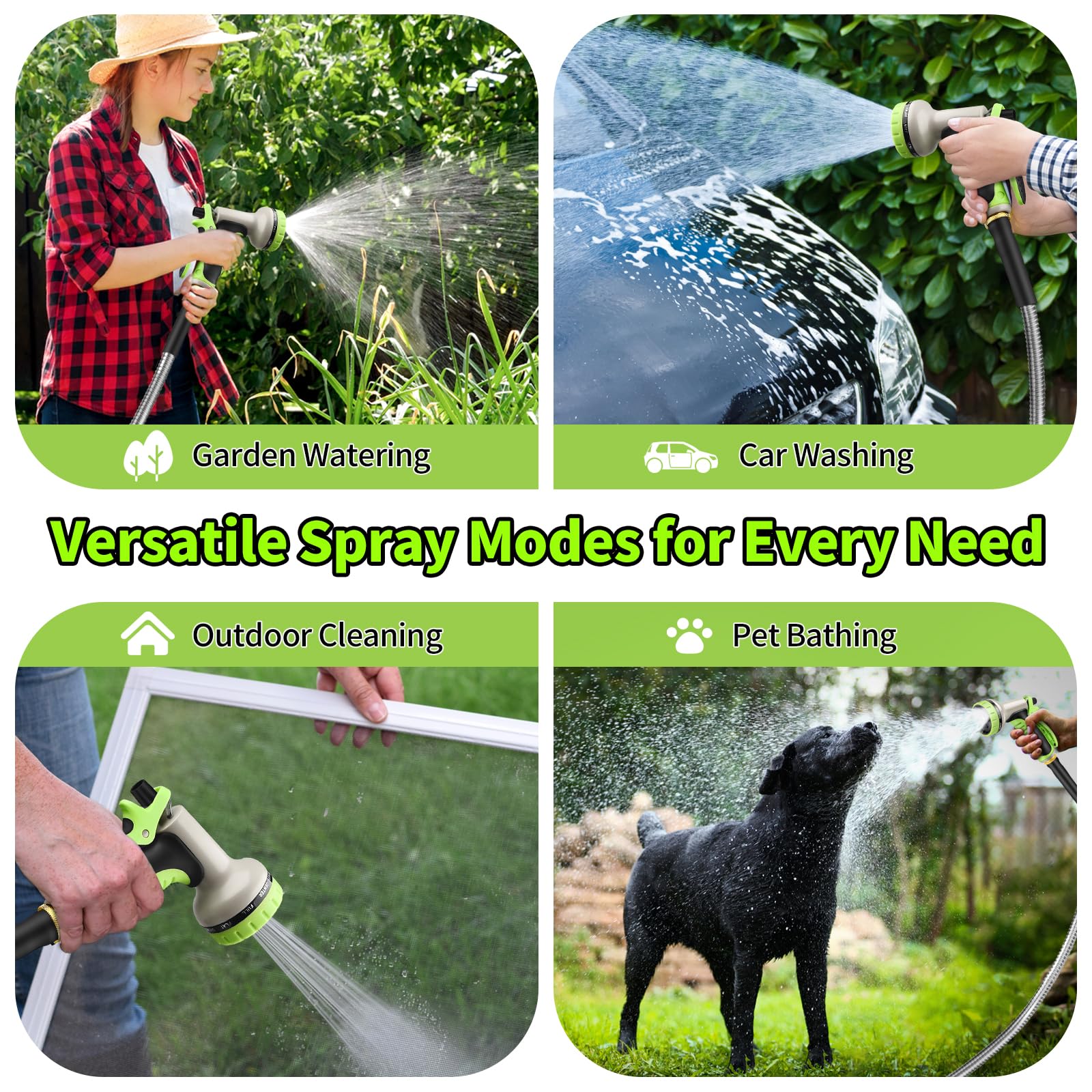 GOXAWEE garden hose alongside a garden tool set