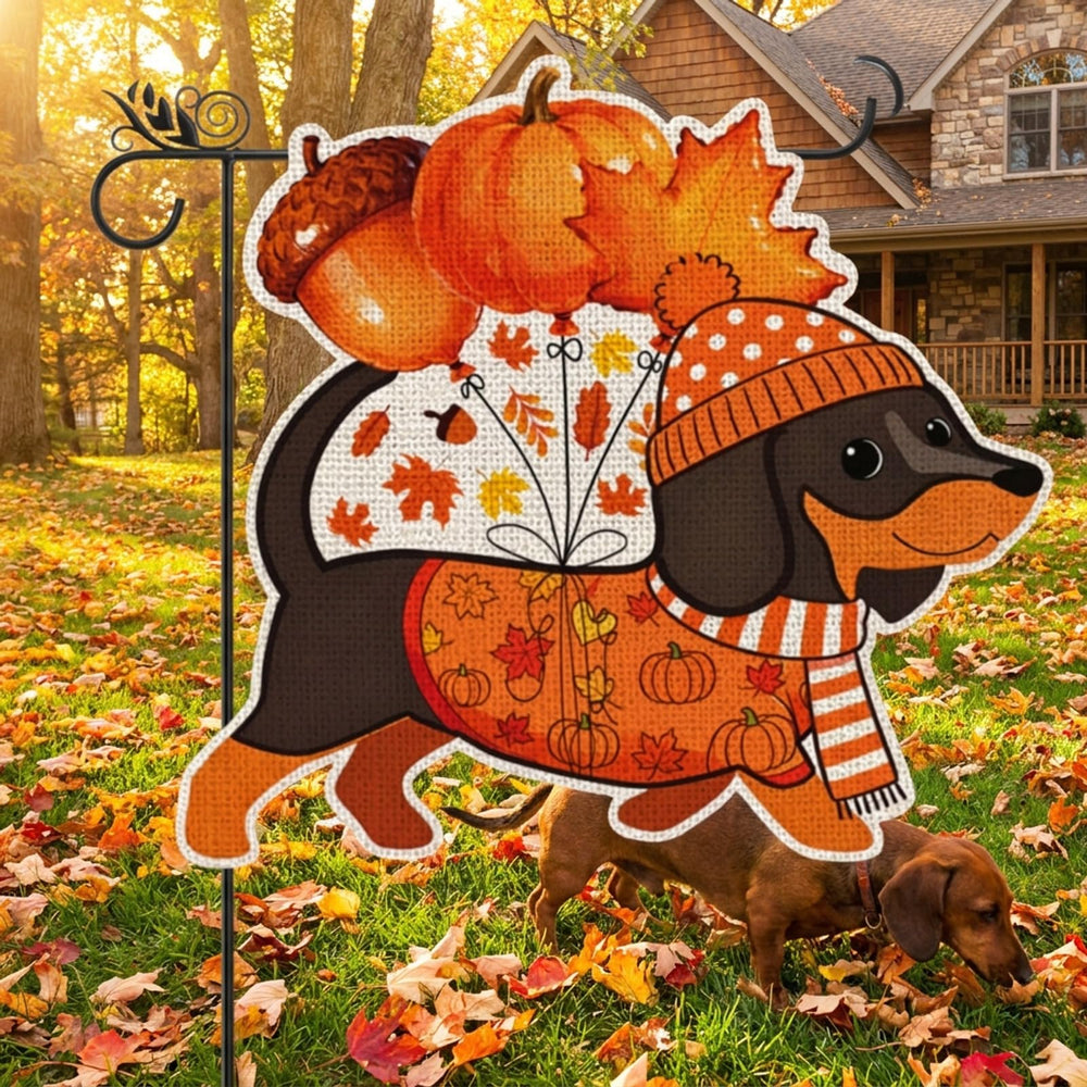 GPGHE Fall Dachshund Garden Flag alongside pumpkins and seasonal decor