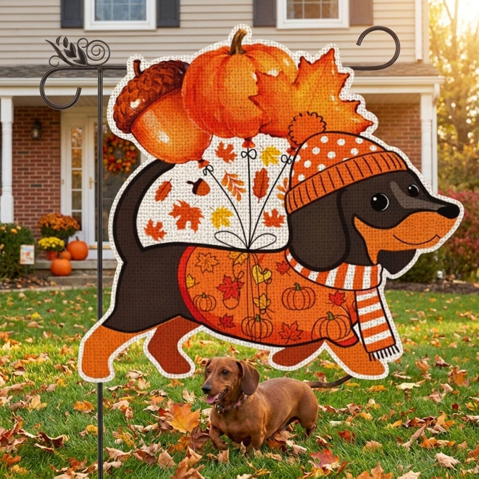 GPGHE Fall Dachshund Garden Flag close-up of vibrant autumn colours