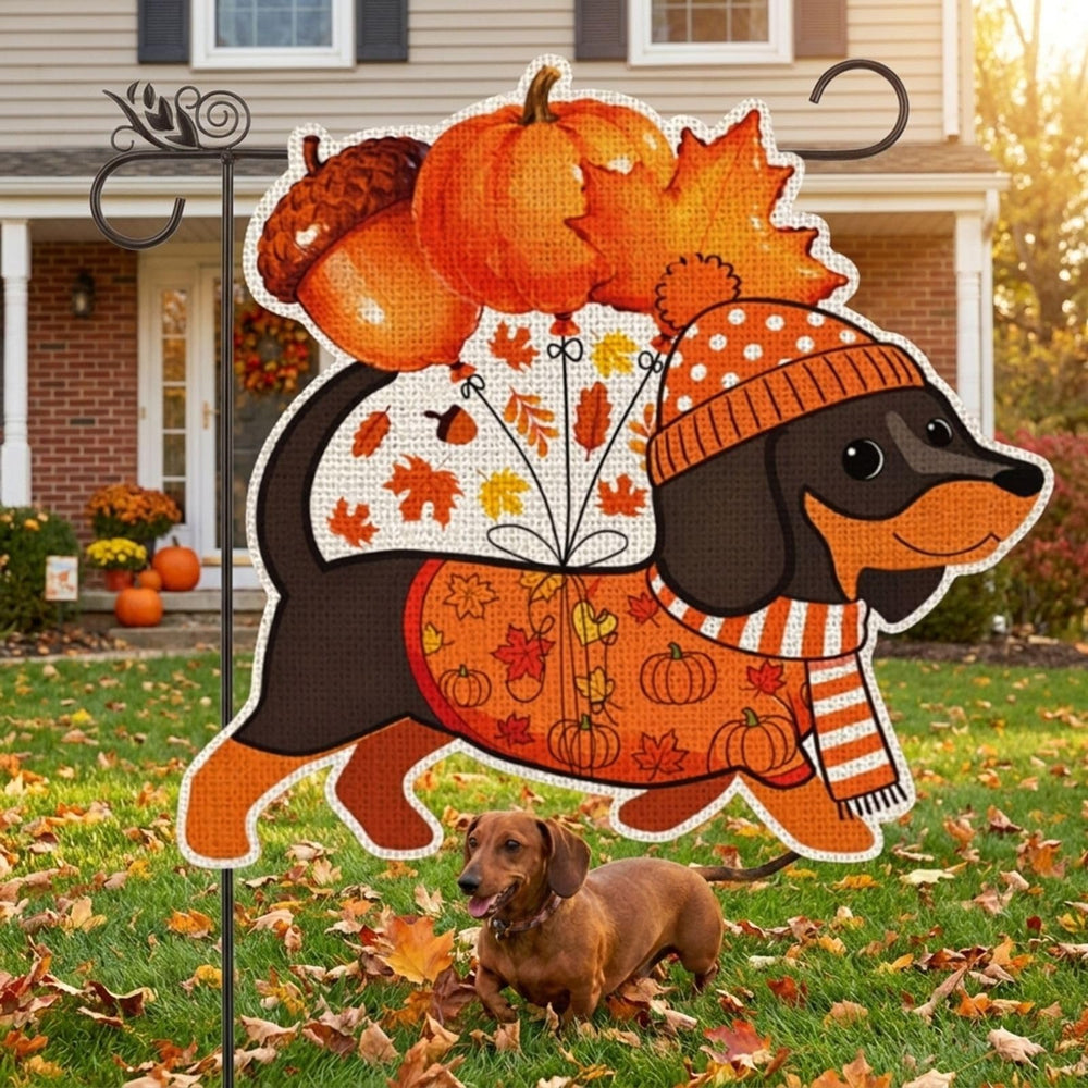 GPGHE Fall Dachshund Garden Flag close-up of vibrant autumn colours