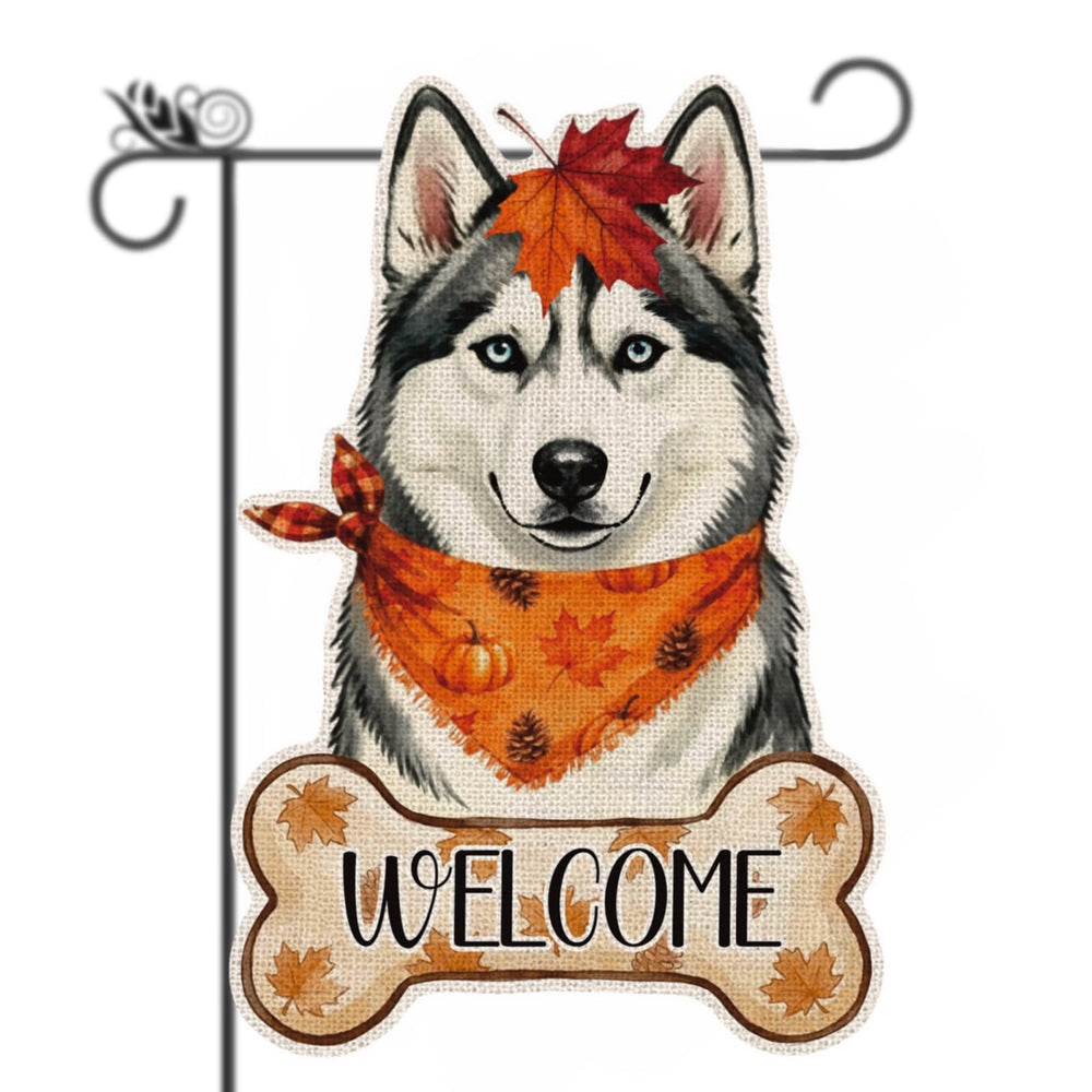 GPGHE Fall Husky Garden Flag front view with autumn design