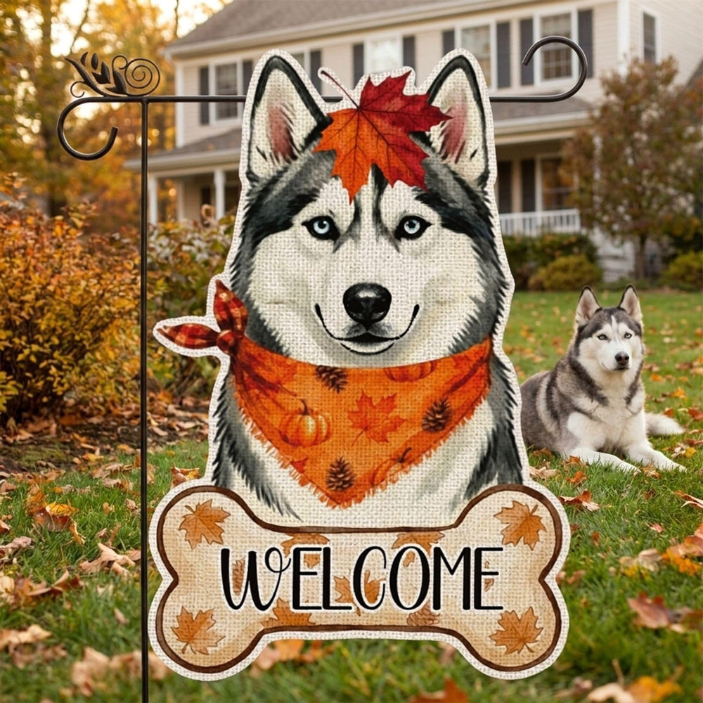 GPGHE Fall Husky Garden Flag on a flagpole outdoors