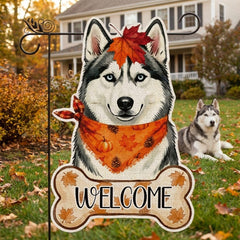 GPGHE Fall Husky Garden Flag on a flagpole outdoors