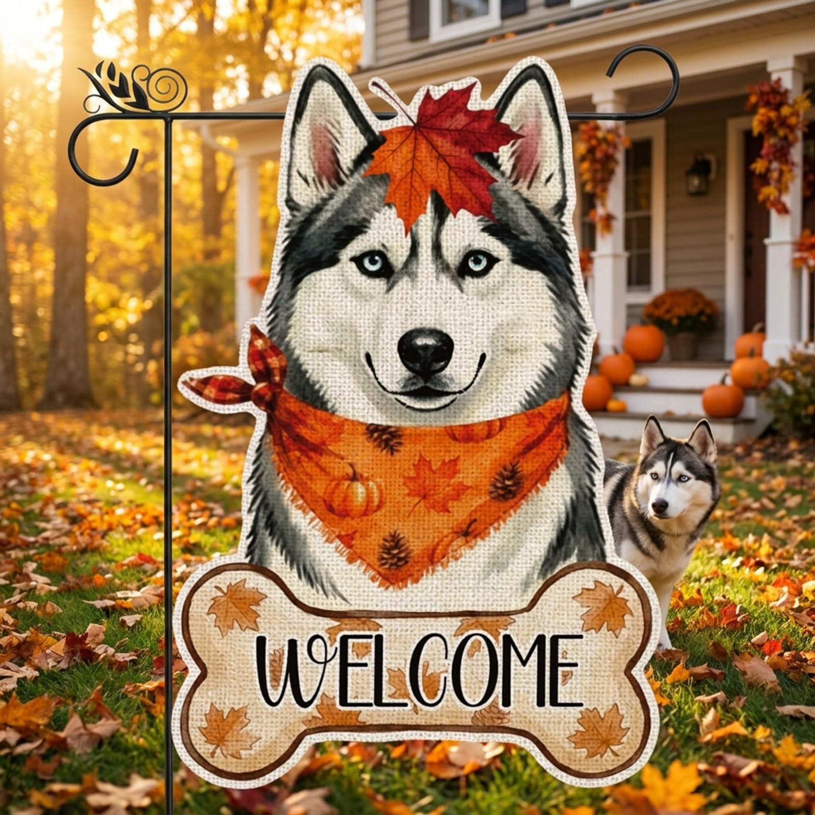 GPGHE Fall Husky Garden Flag with pumpkins and autumn decor