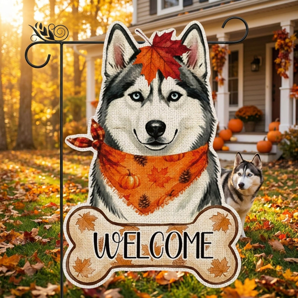 GPGHE Fall Husky Garden Flag with pumpkins and autumn decor