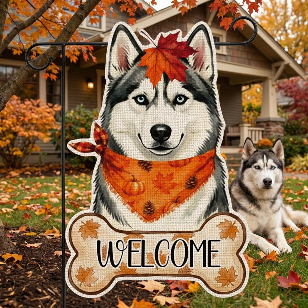 GPGHE Fall Husky Garden Flag with vibrant colours in sunlight
