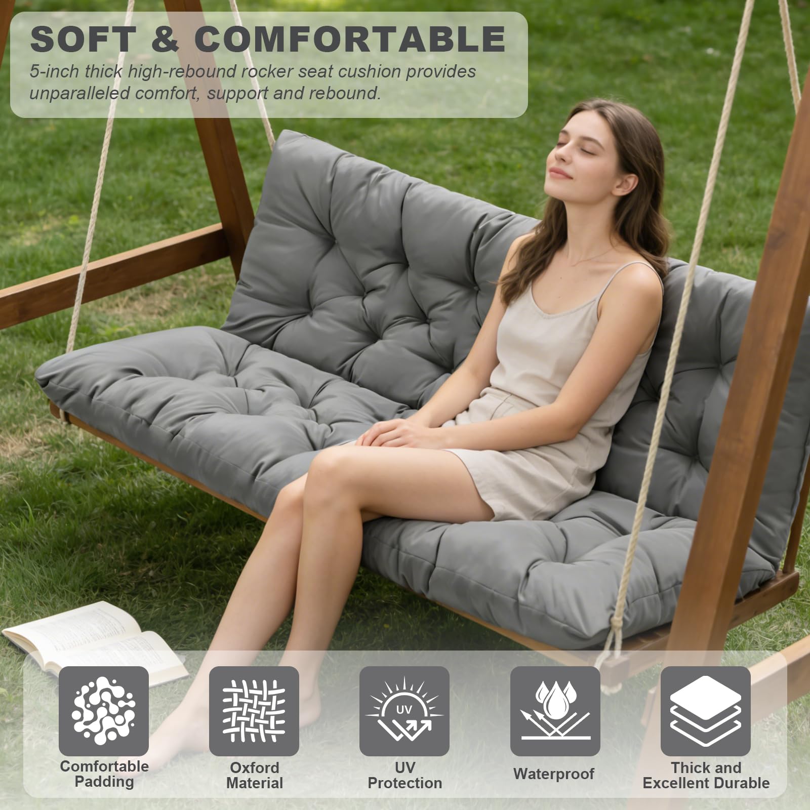 GPQAWER Porch Swing Cushion Light Gray side view with ties
