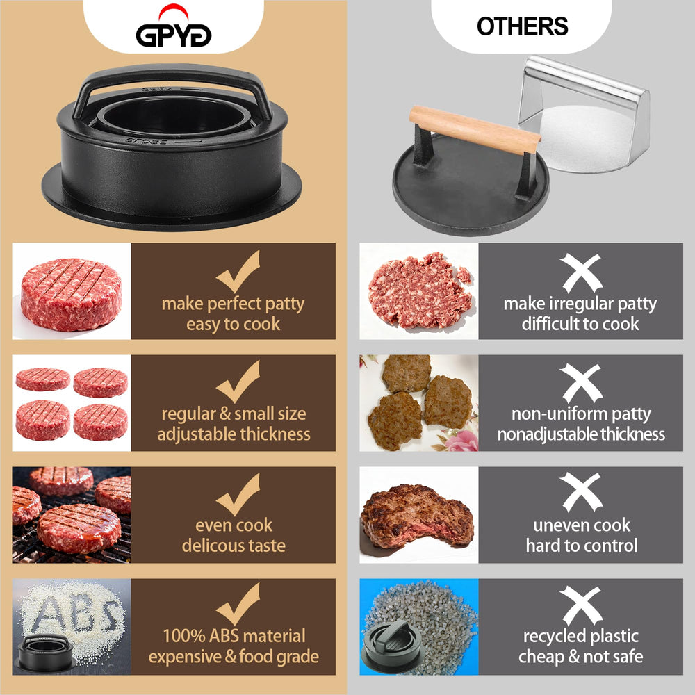GPYG Burger Press with mini burger patties beside it