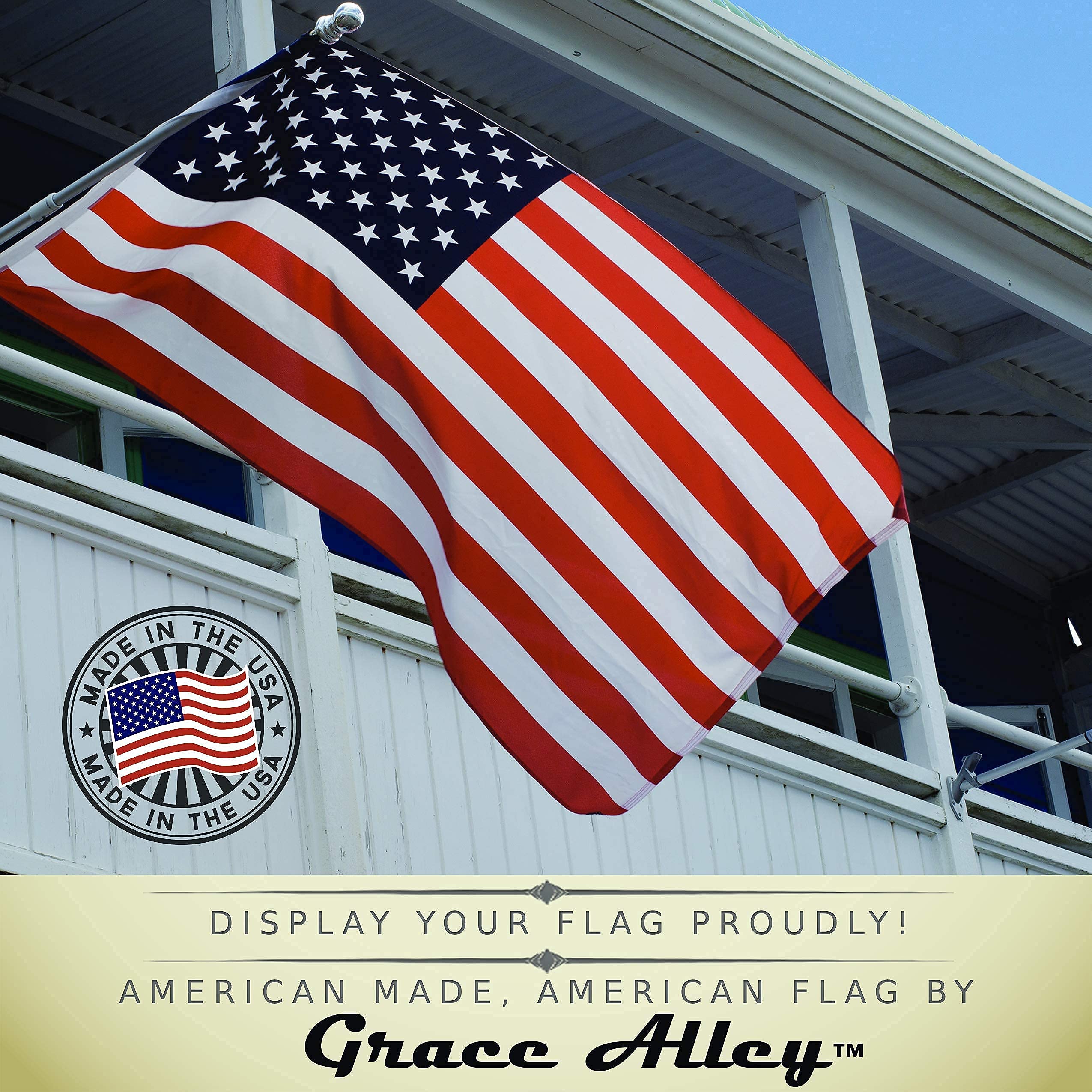 Grace Alley American Flag with a clear blue sky background