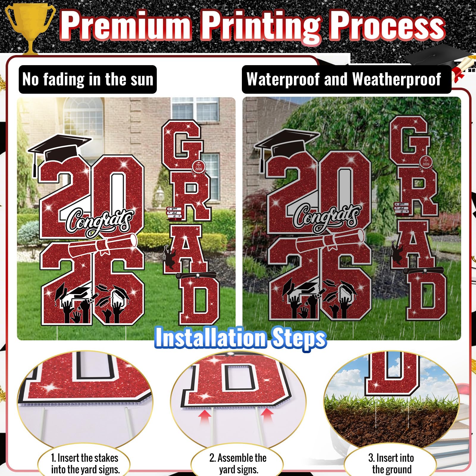 Graduation yard sign setup on a lawn with balloons