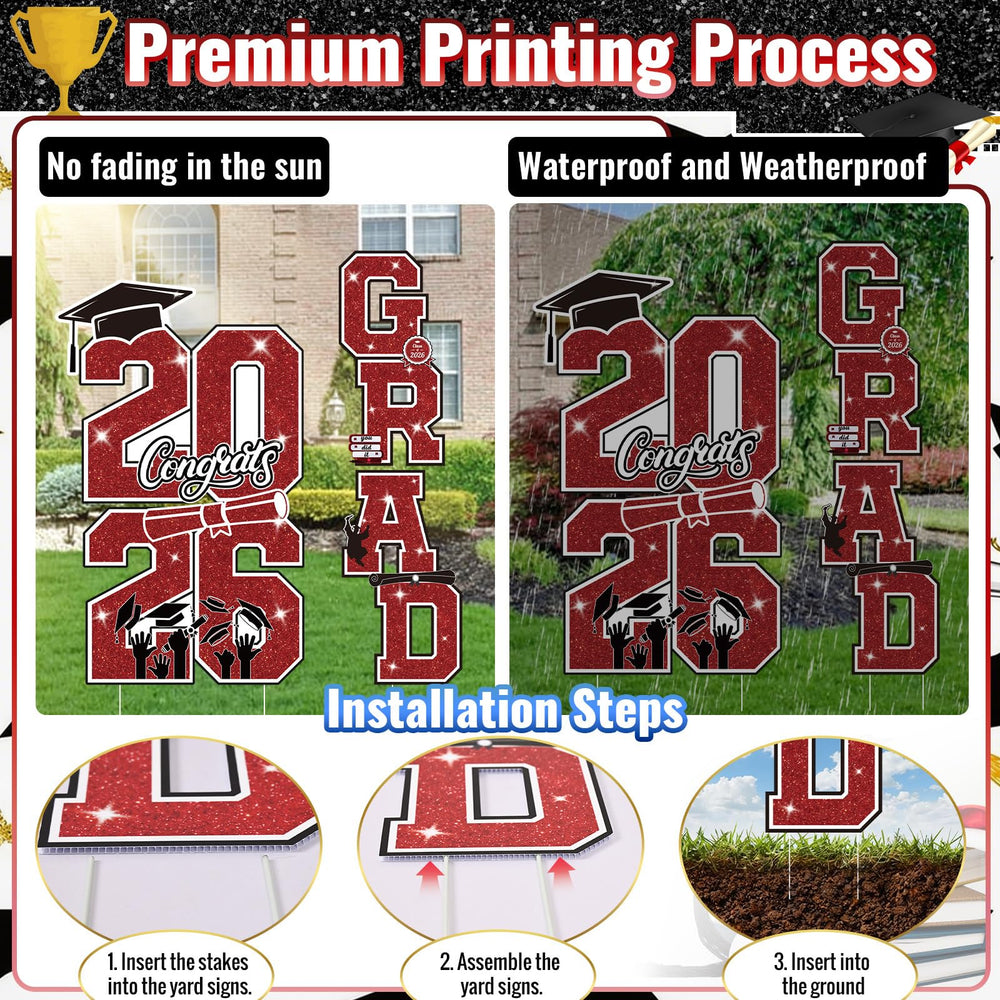 Graduation yard sign setup on a lawn with balloons