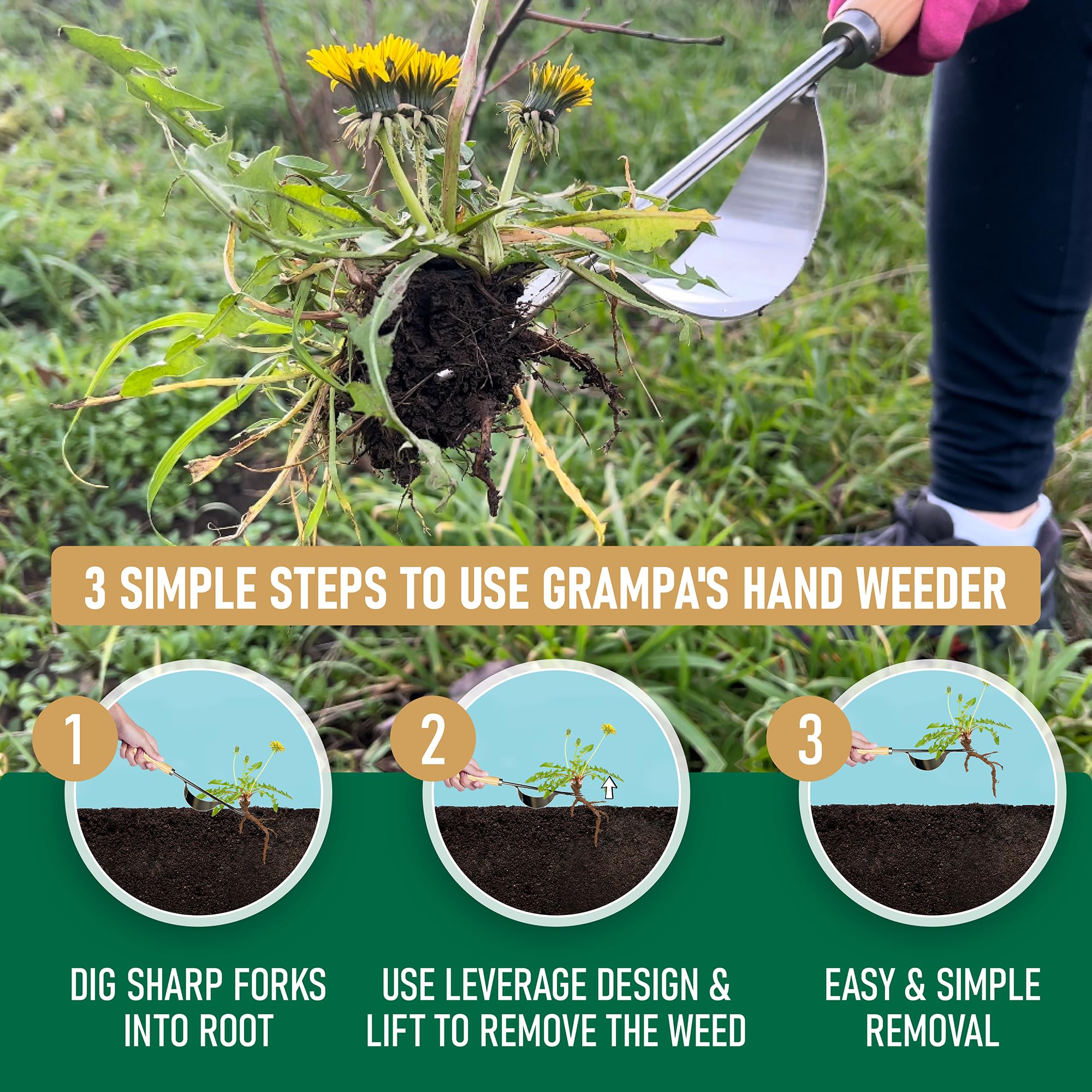 Grampa's Weeder Tool with ergonomic wooden handle