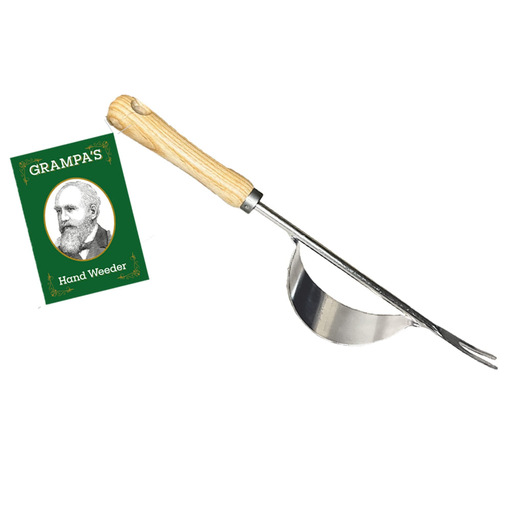 Grampa's Weeder Tool with lever design and wooden handle