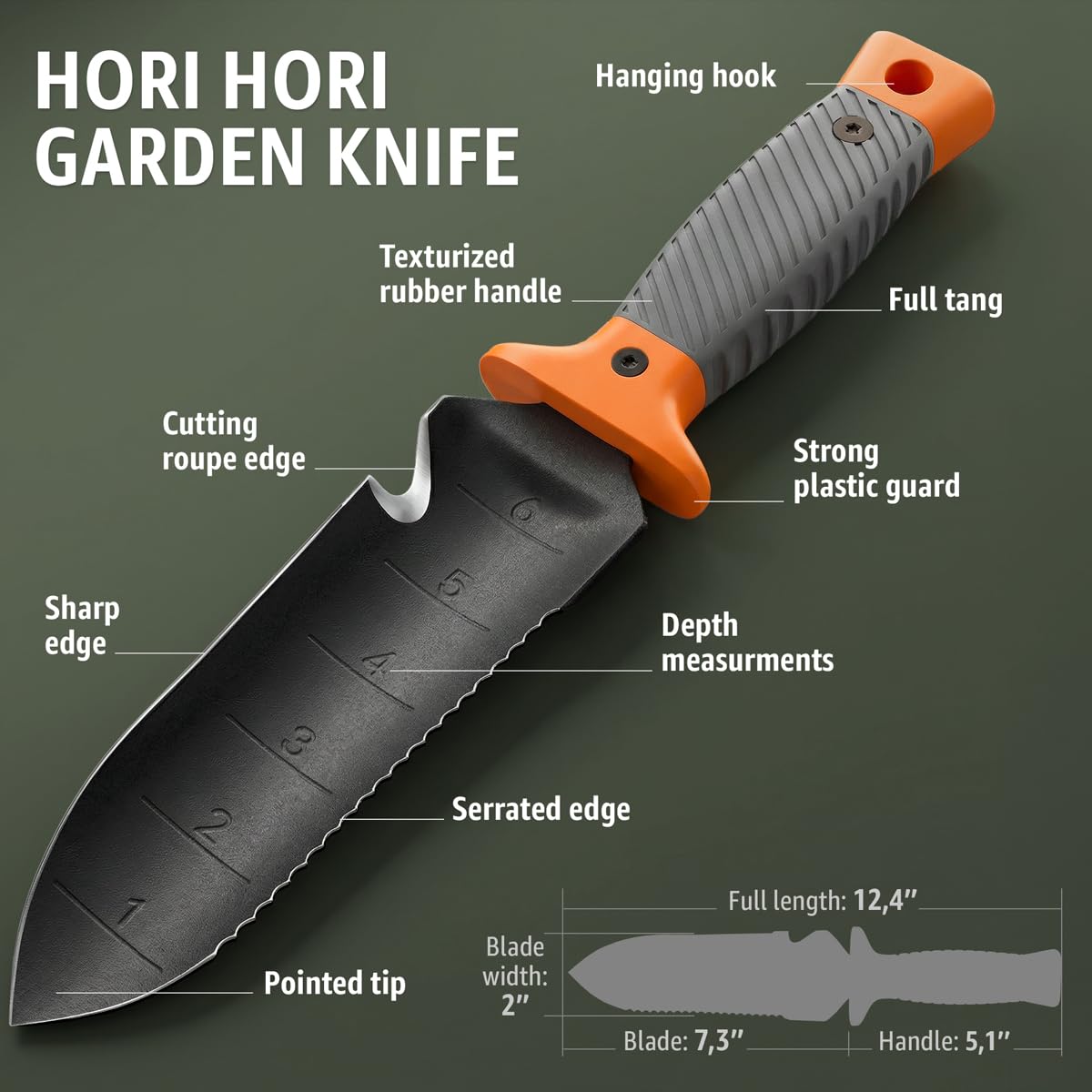 Grand Way Hori Hori knife with rubberized handle close-up
