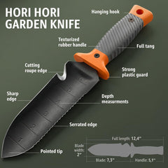 Grand Way Hori Hori knife with rubberized handle close-up
