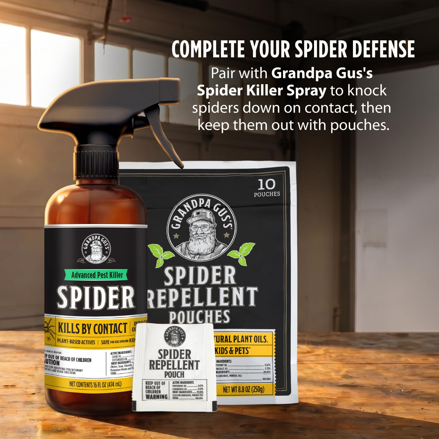 Grandpa Gus's Natural Spider Repellent Pouches next to a pet-friendly sign