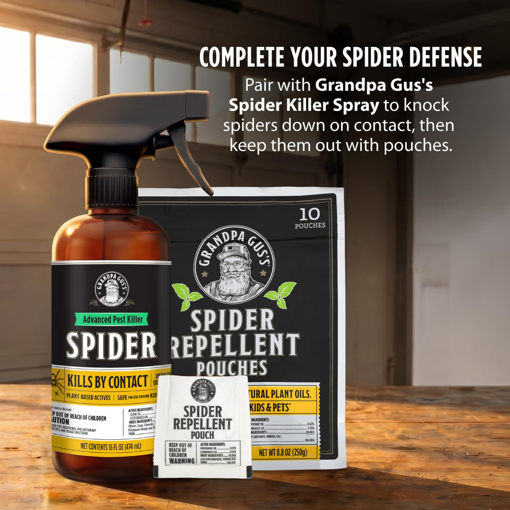 Grandpa Gus's Natural Spider Repellent Pouches next to a pet-friendly sign