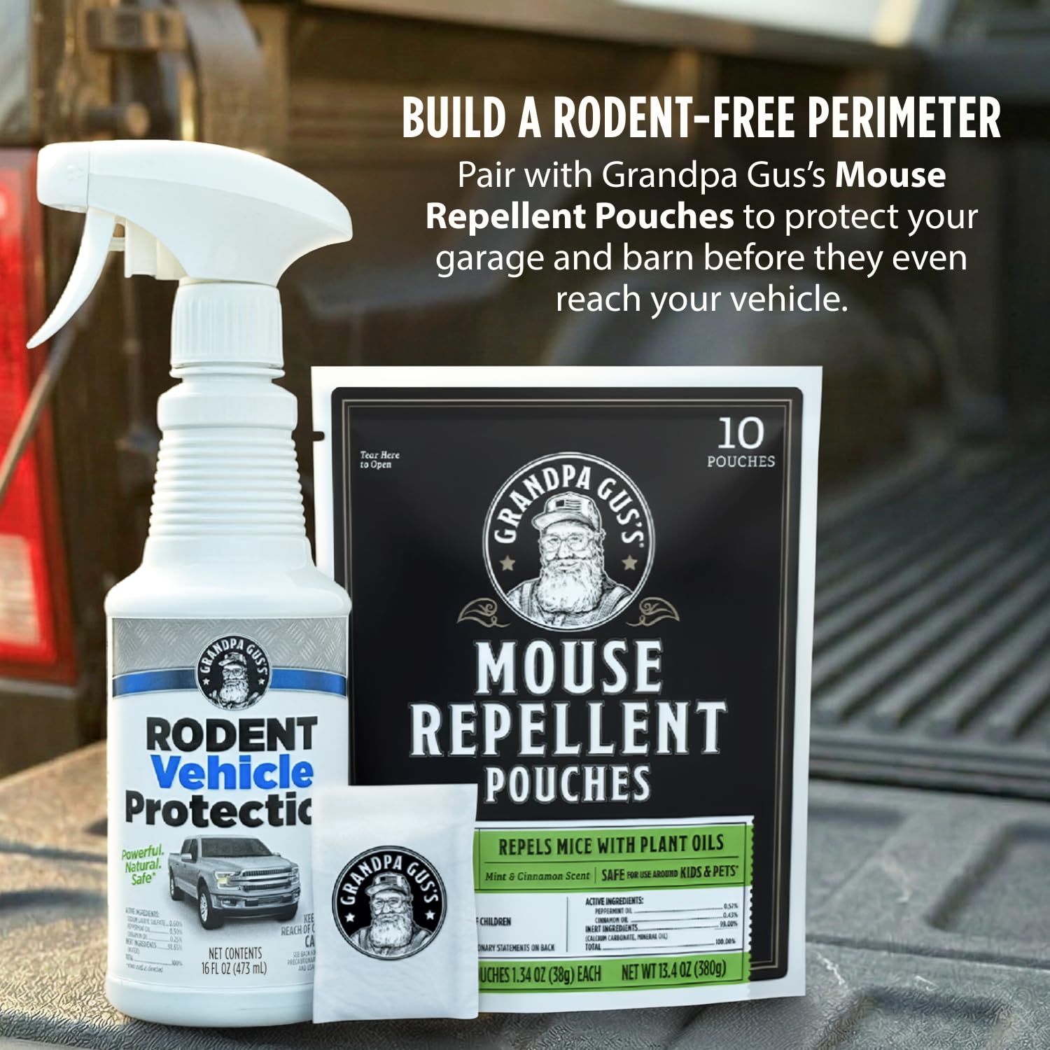 Grandpa Gus's Rodent Vehicle Repellent Spray displayed in a garage setting
