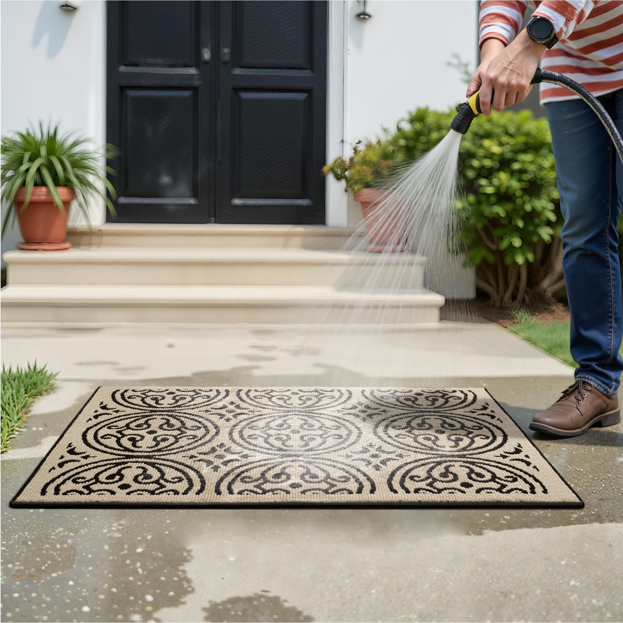 GRANNY SAYS Doormat being vacuumed for cleaning