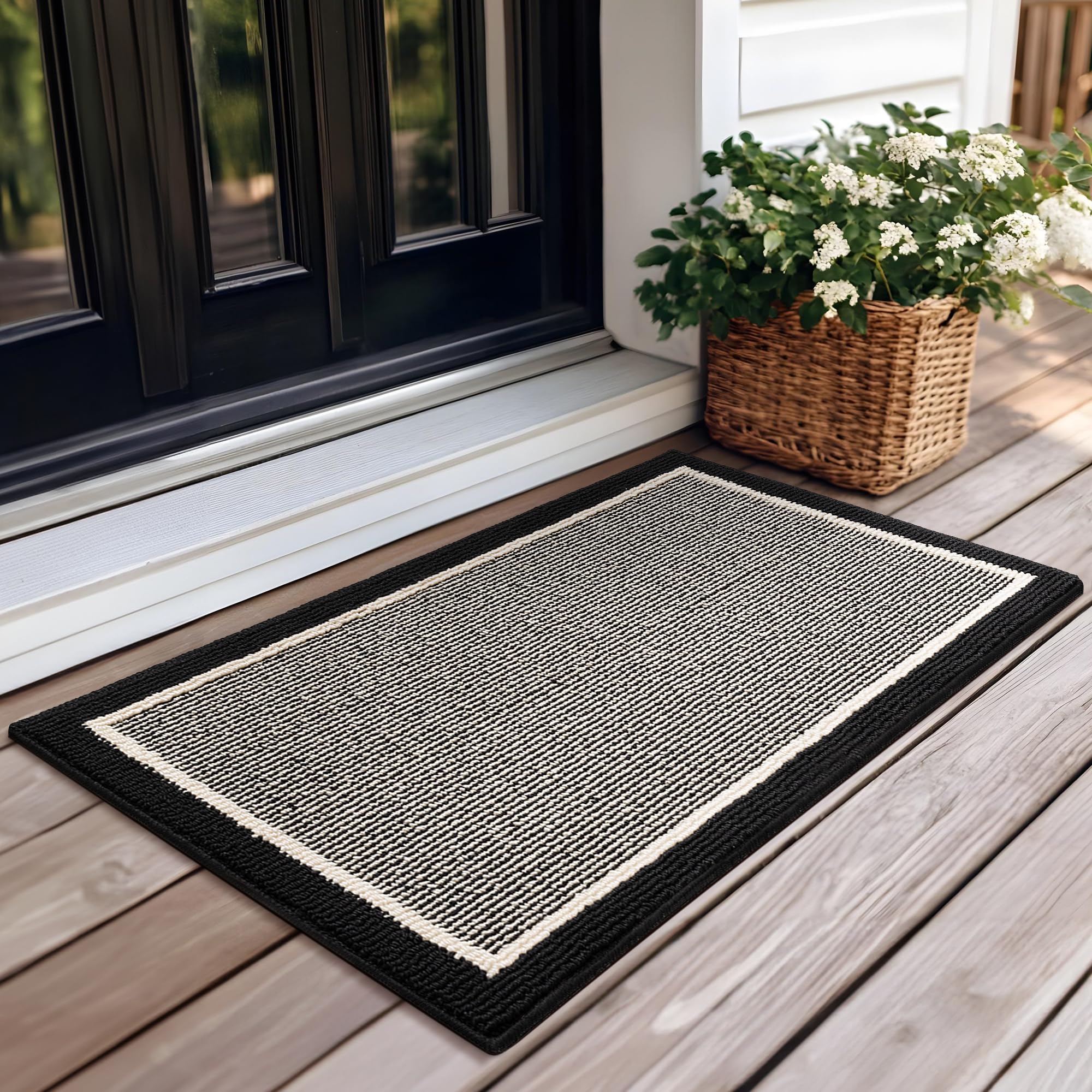 GRANNY SAYS Indoor Outdoor Doormat front view, black-stripe design