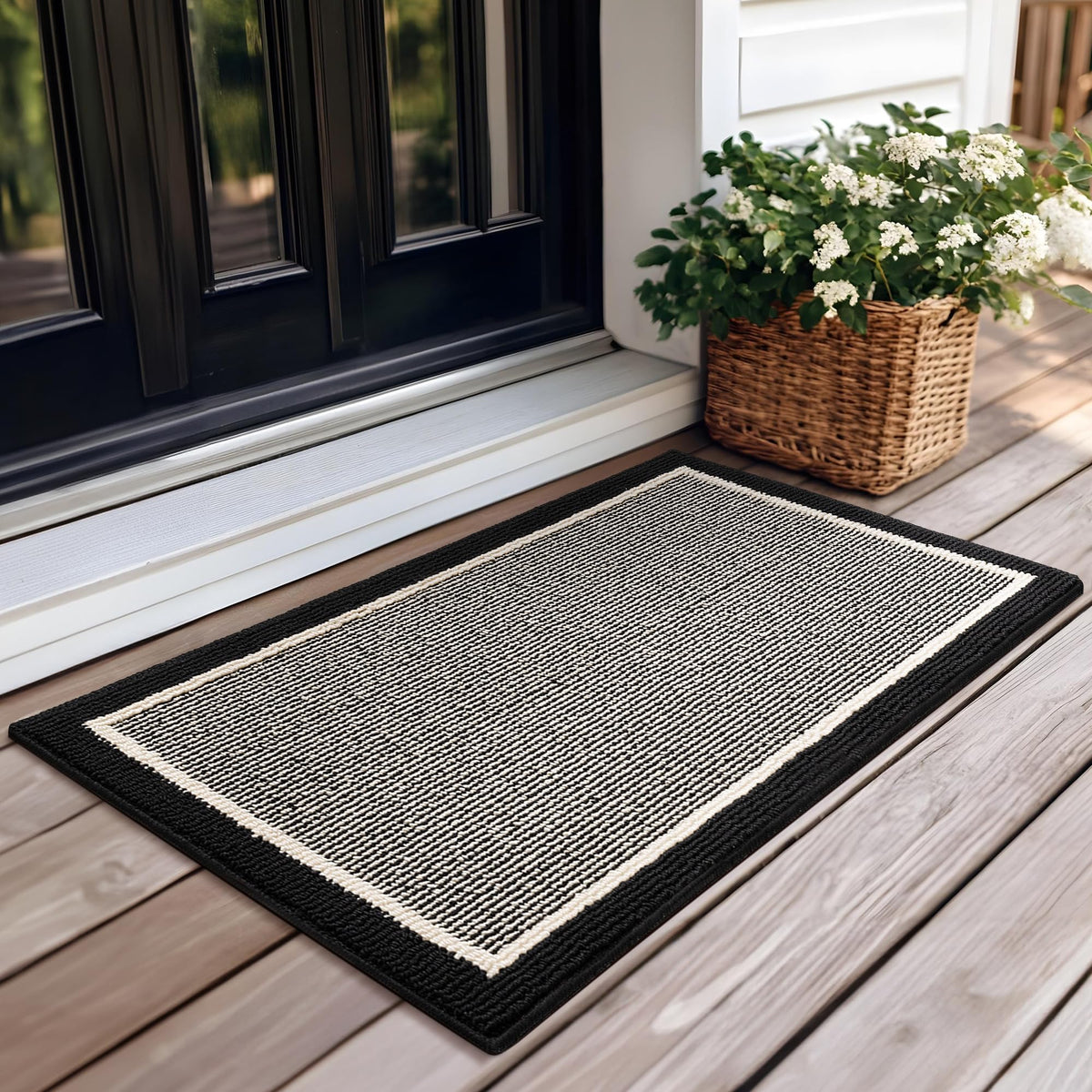 GRANNY SAYS Indoor Outdoor Doormat front view, black-stripe design