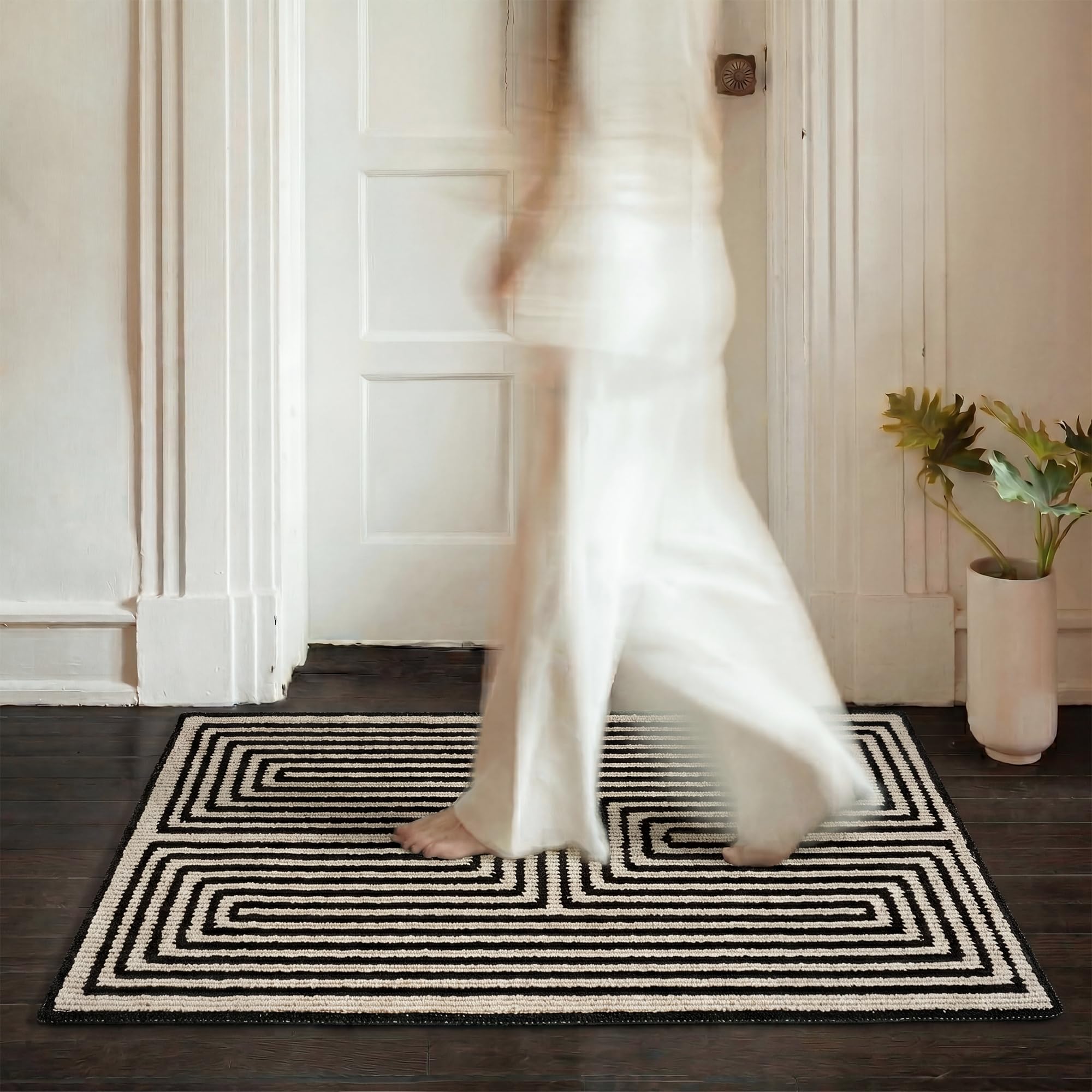 GRANNY SAYS Indoor Outdoor Doormat front view in khaki-wavy stripes