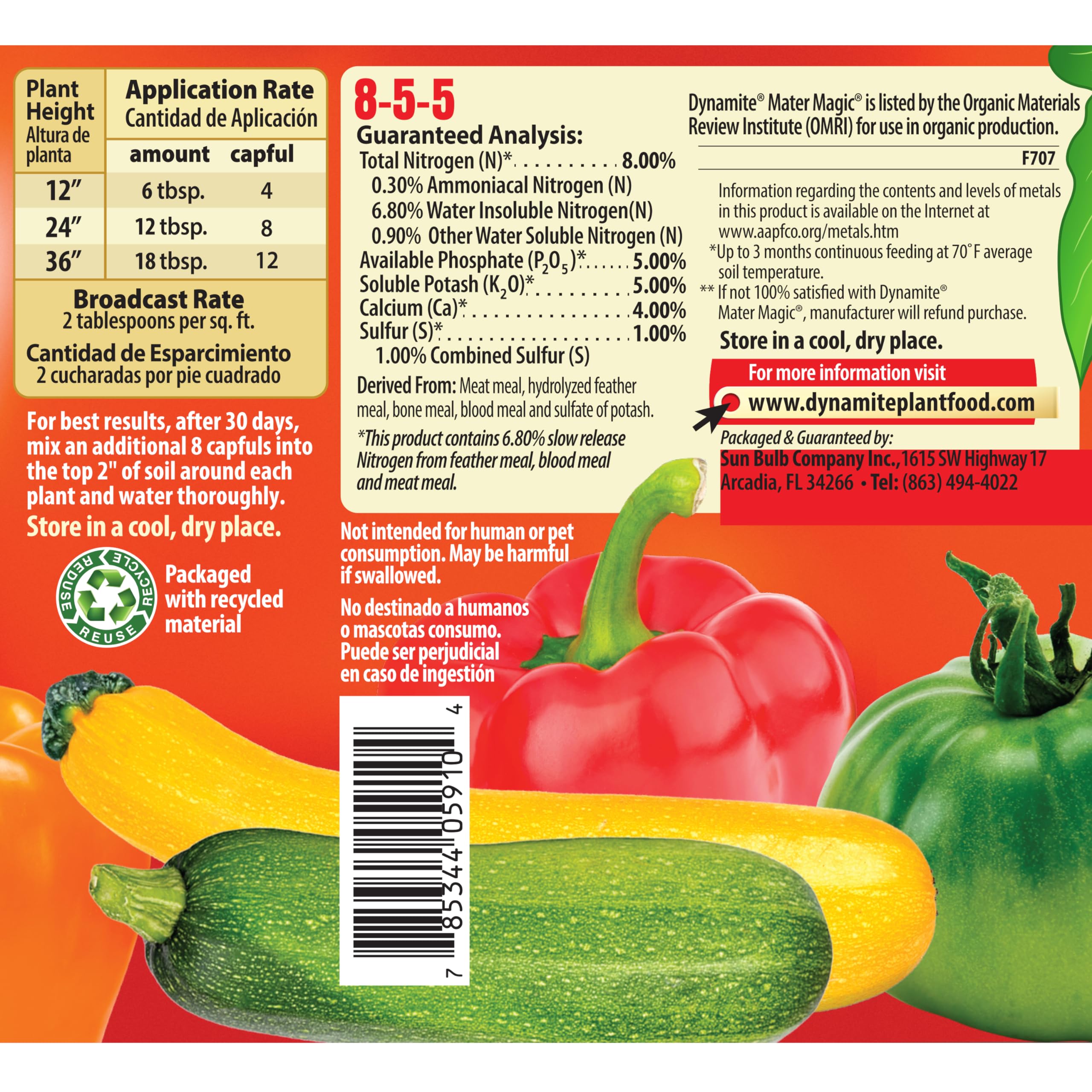Granules of Dynamite Mater Magic Organic Tomato Fertilizer on a surface