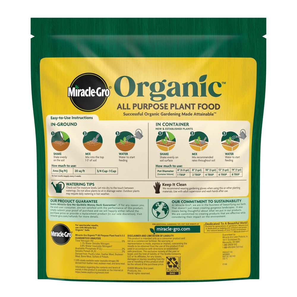 Granules of Miracle-Gro Organic All Purpose Plant Food on a surface