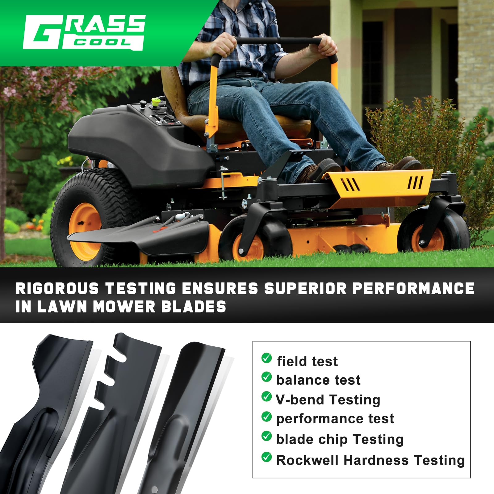 Grasscool 52 inch mower blades on a lawn