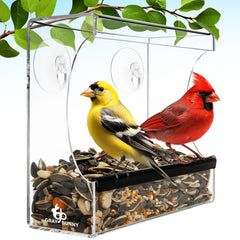 Gray Bunny Clear Window Bird Feeder front view with suction cups