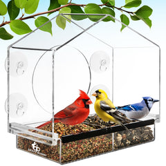 Gray Bunny Window Bird Feeder front view with clear acrylic body