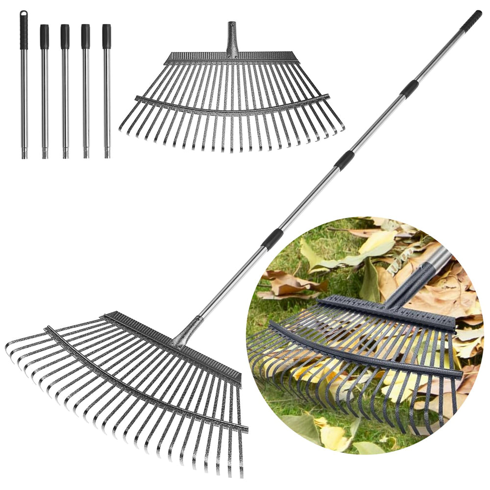 GreatBuddy Heavy Duty Leaf Rake front view with adjustable handle