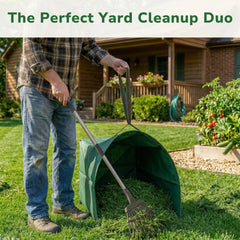 GreatBuddy Leaf Rake in use on a lawn with leaves
