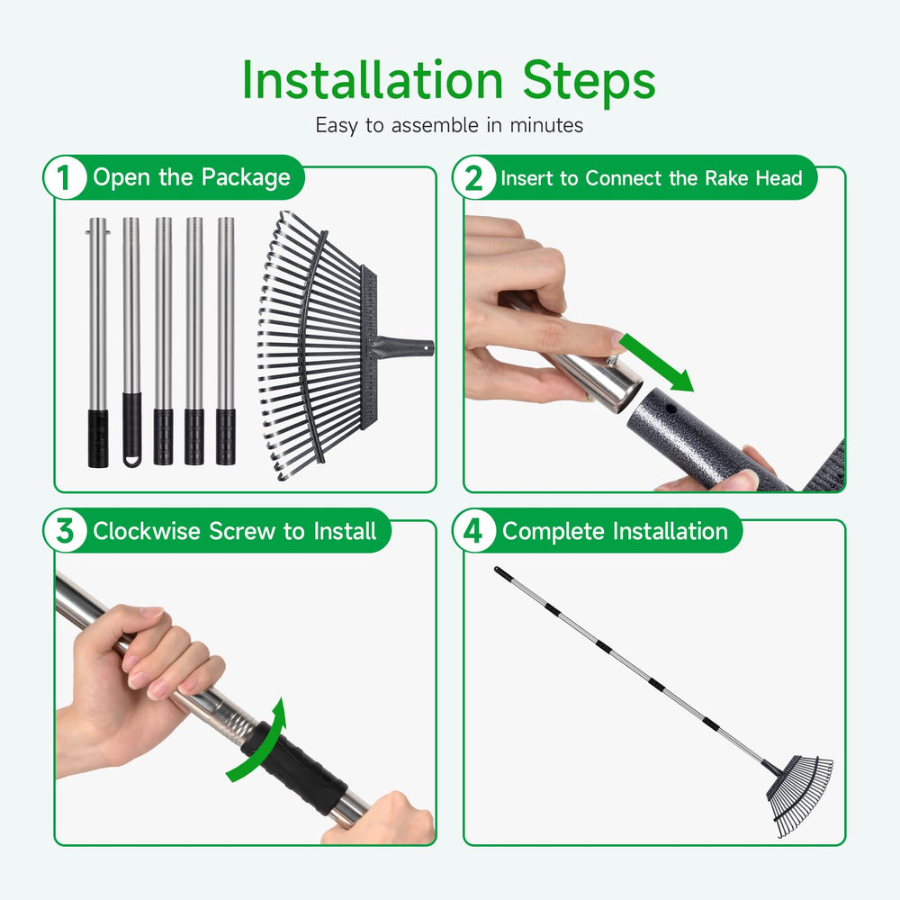 GreatBuddy Leaf Rake packaged with dimensions 42.7 x 34.2 x 8.6 cm