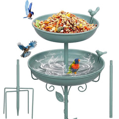 GRECOMEIN Metal Bird Bath Blue-B front view with 12-inch bowl