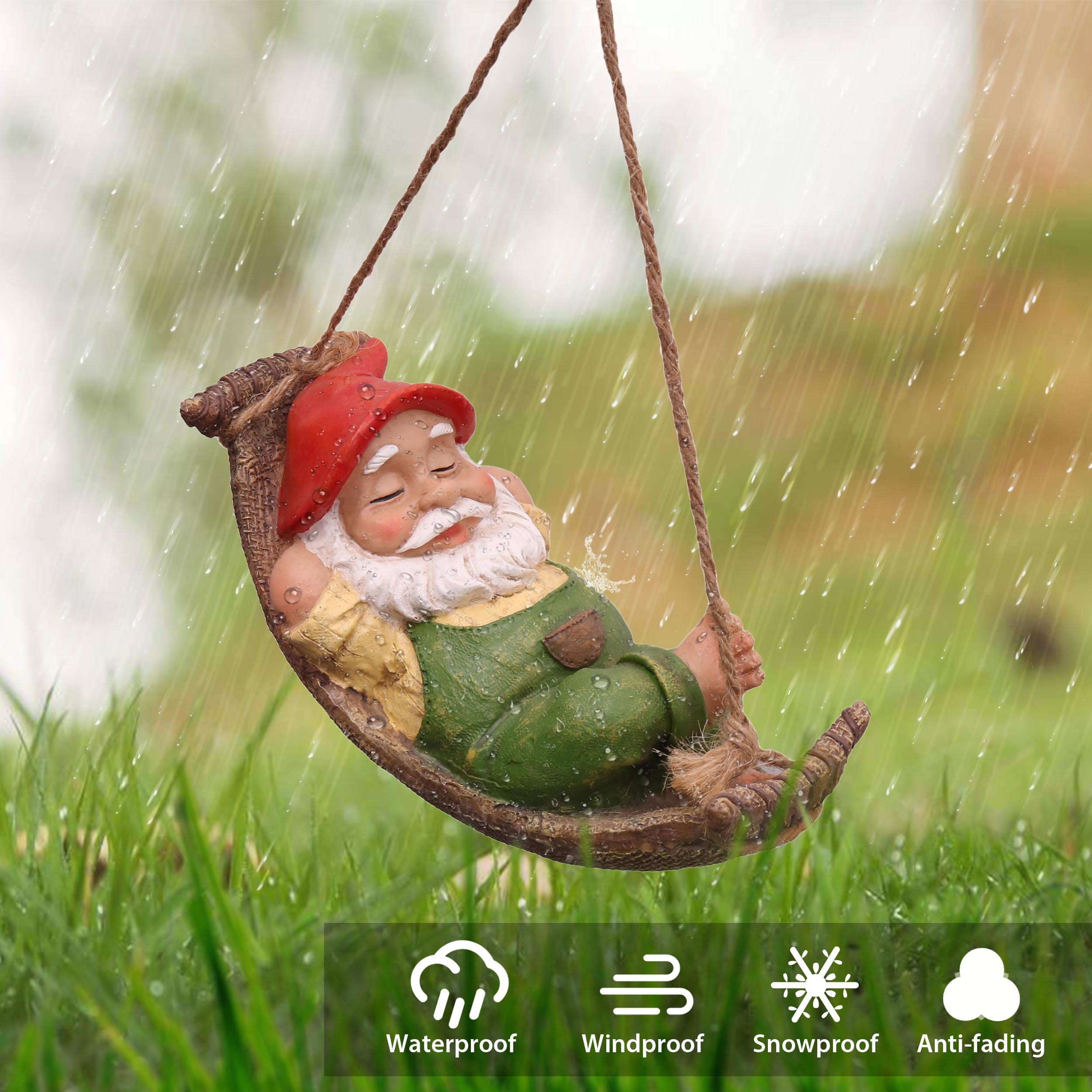 Green Garden Gnome placed near flowers in garden