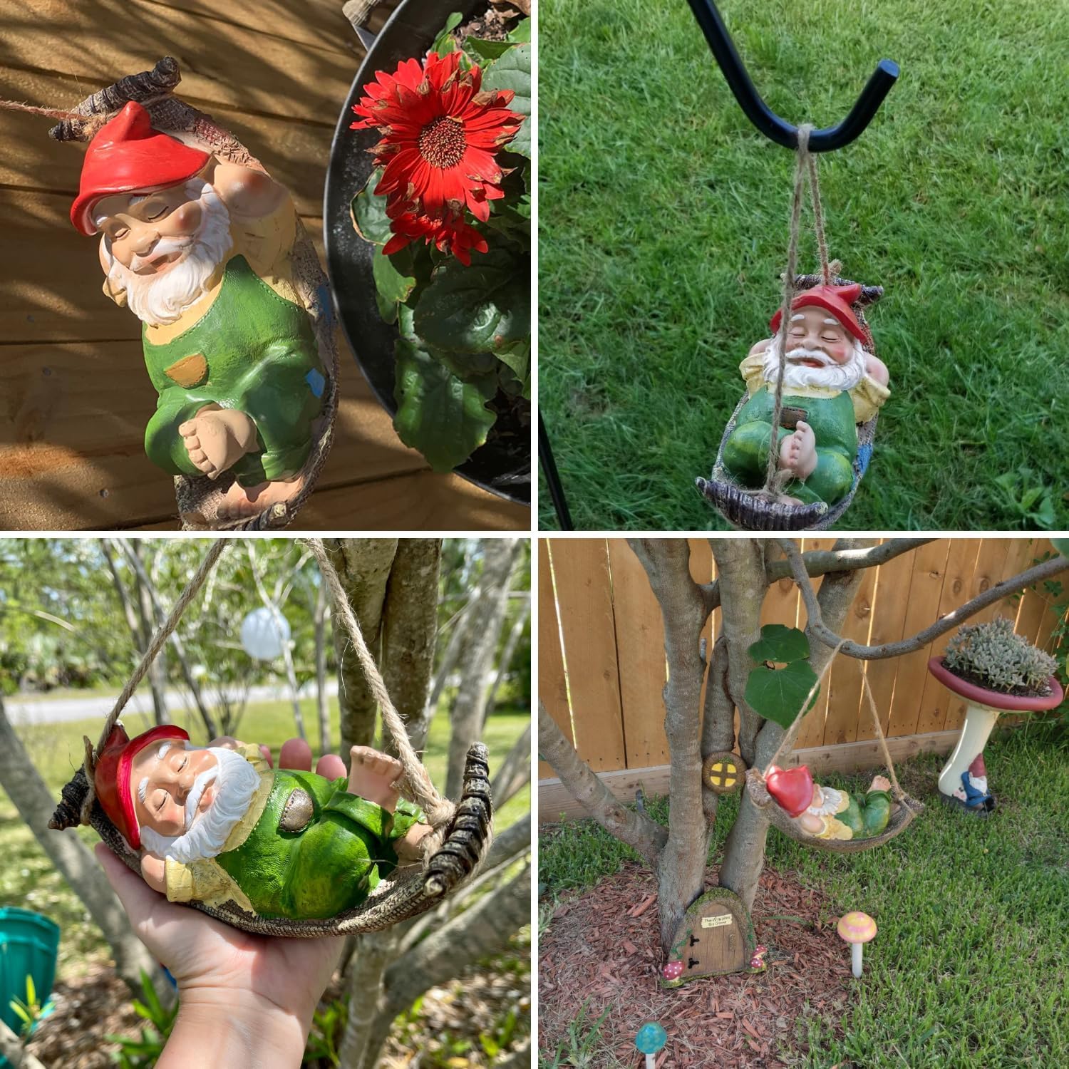 Green Garden Gnome Statue with adjustable hanging loop