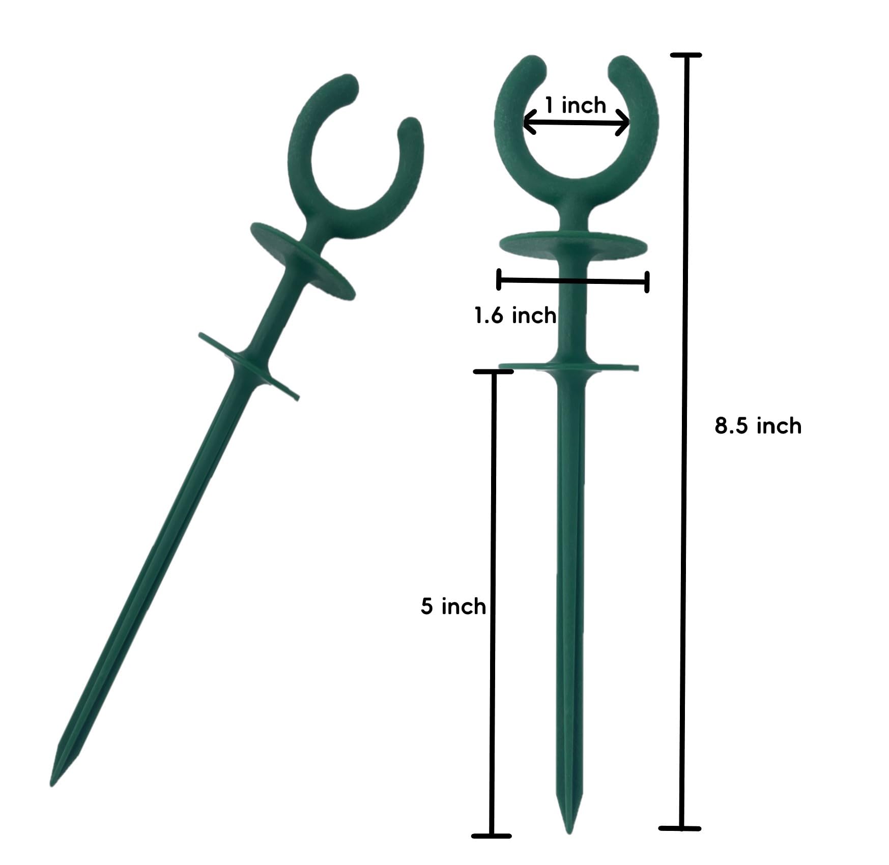 Green garden hose guide stake close-up