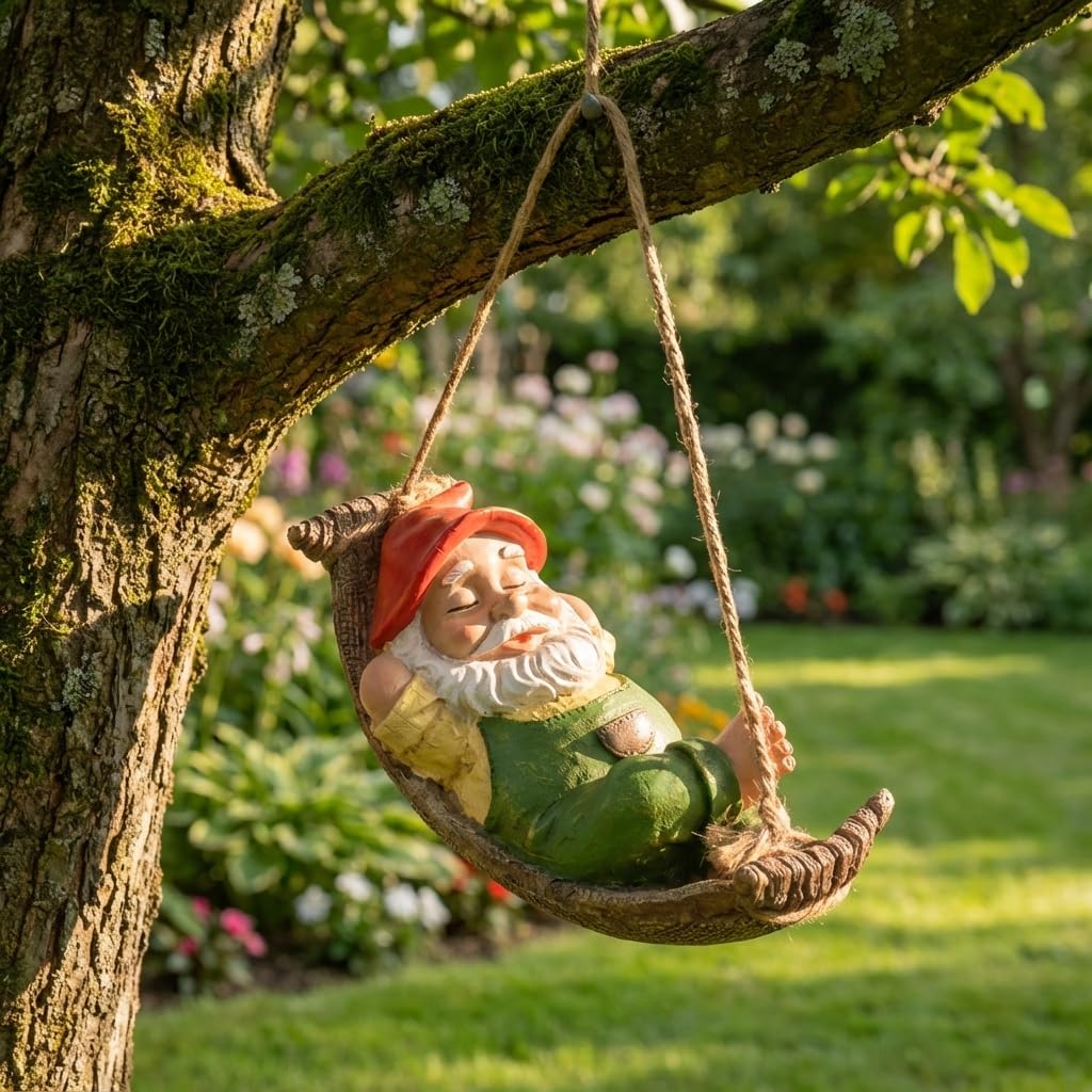 Green Gnome Statue hanging from tree branch
