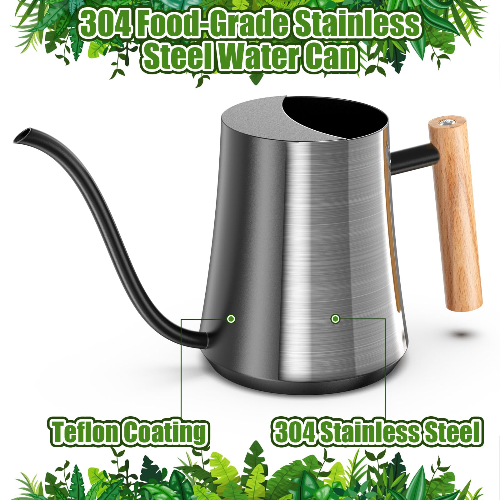 Green Moon Metal Watering Can side view with long spout