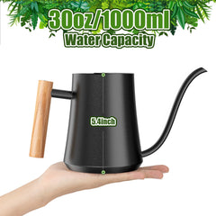 Green Moon watering can with wooden handle close-up